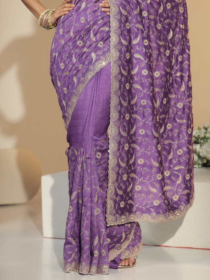 Libas Purple Floral Embroidered Silk Blend Saree