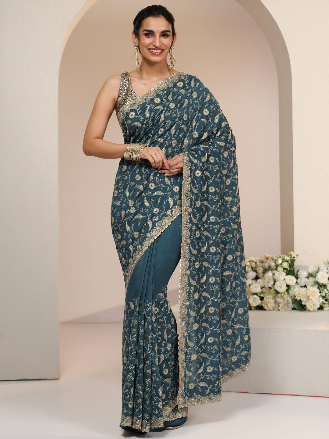 Libas Teal Green Floral Embroidered Silk Blend Saree