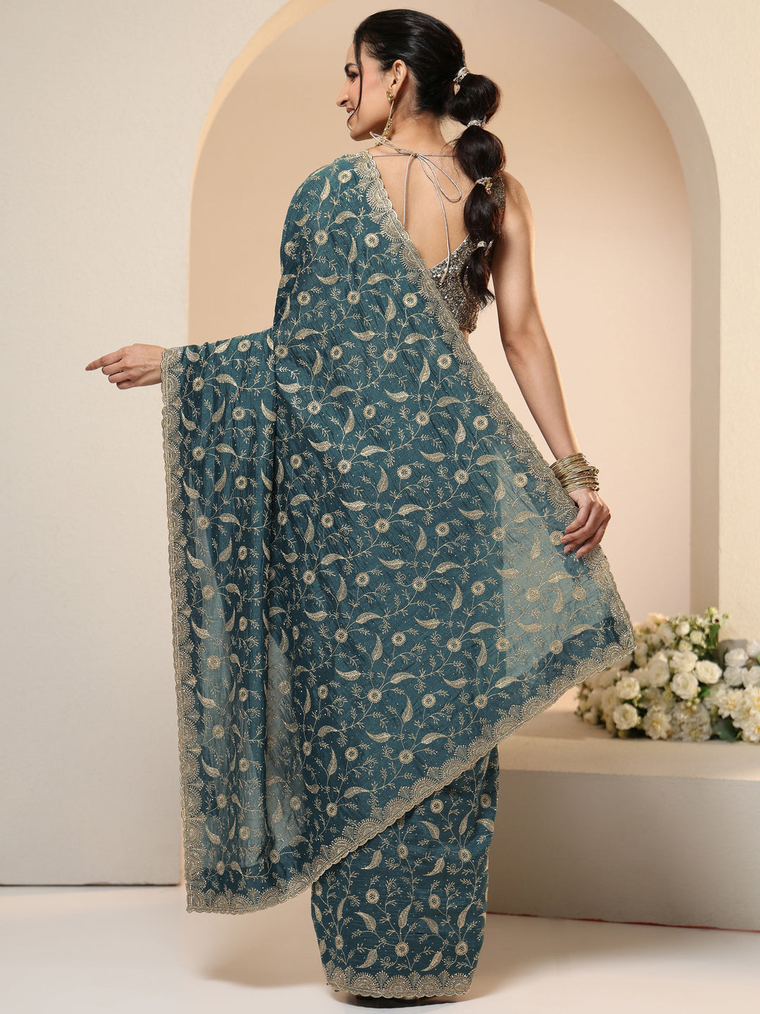 Libas Teal Green Floral Embroidered Silk Blend Saree