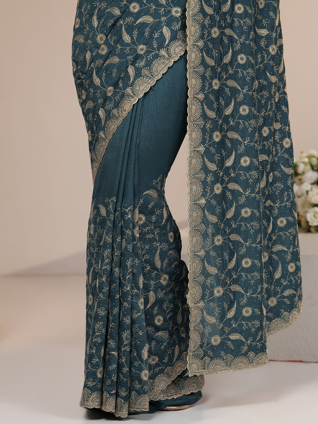 Libas Teal Green Floral Embroidered Silk Blend Saree