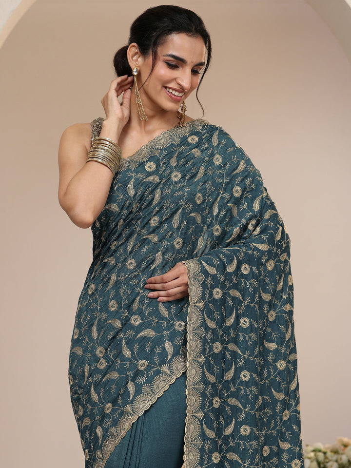 Libas Teal Green Floral Embroidered Silk Blend Saree
