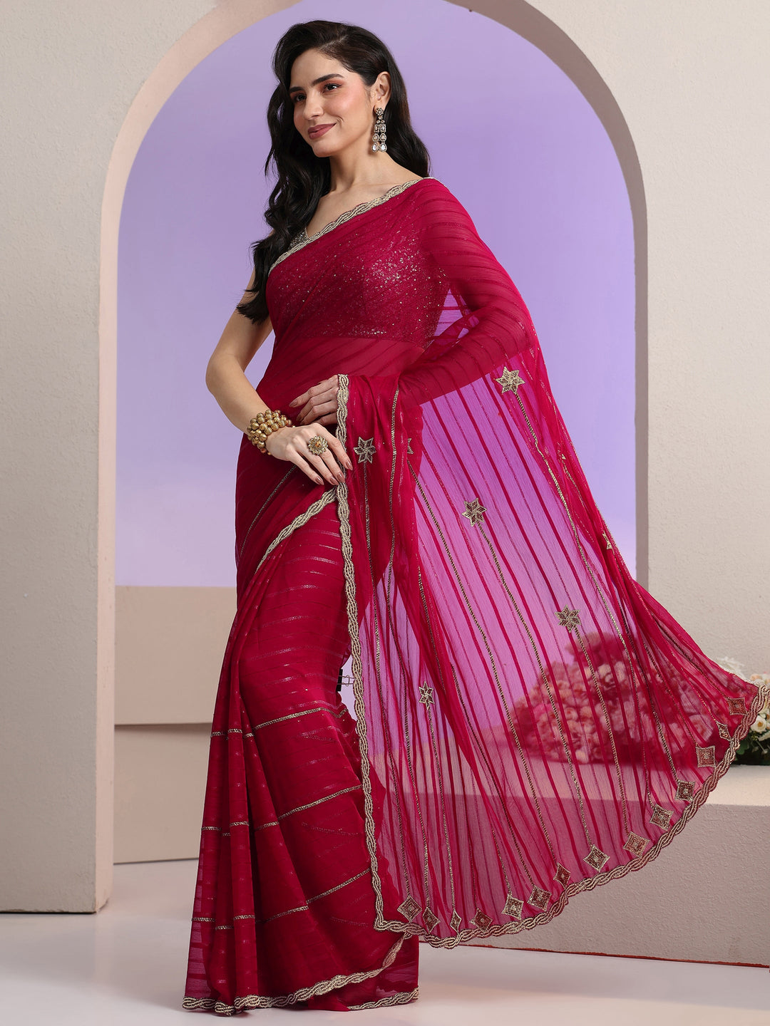 Libas Rani Pink Striped Embellished Chiffon Saree