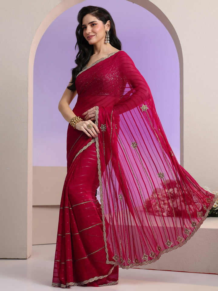 Libas Rani Pink Striped Embellished Chiffon Saree