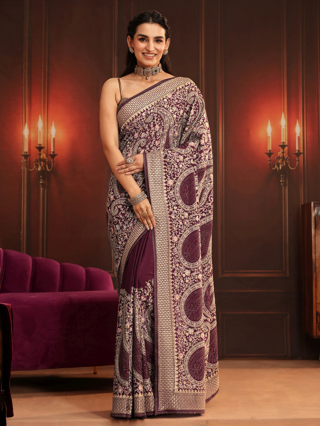 Libas Art Dusty Maroon Paisley Embroidered Georgette Saree