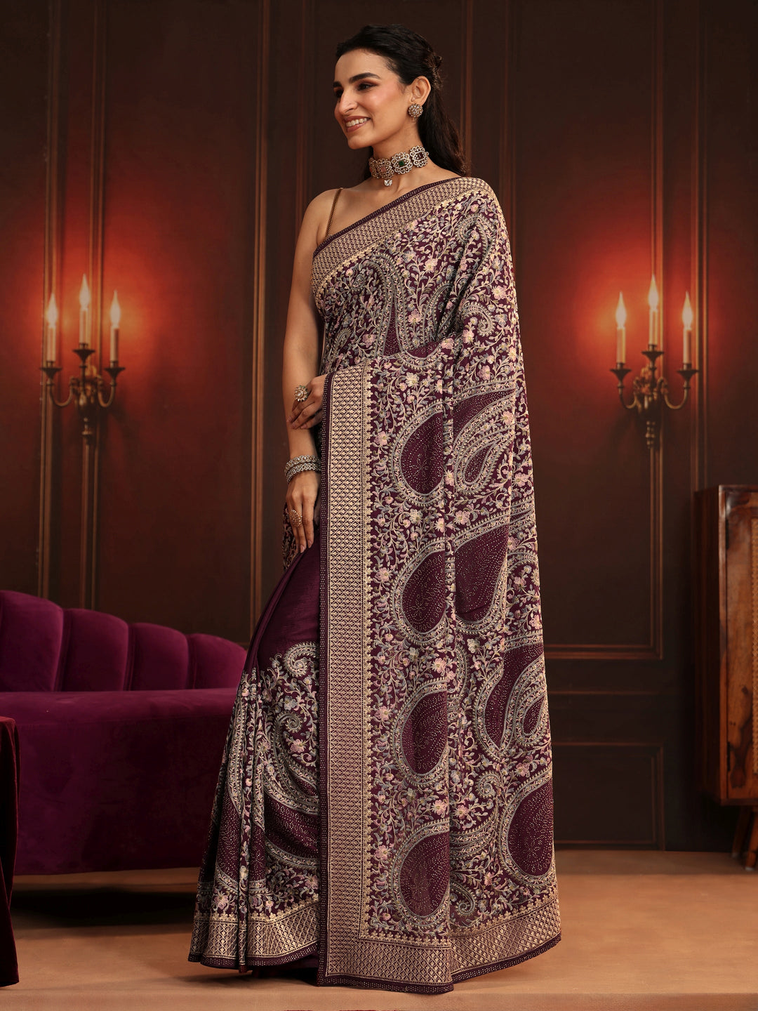 Libas Art Dusty Maroon Paisley Embroidered Georgette Saree