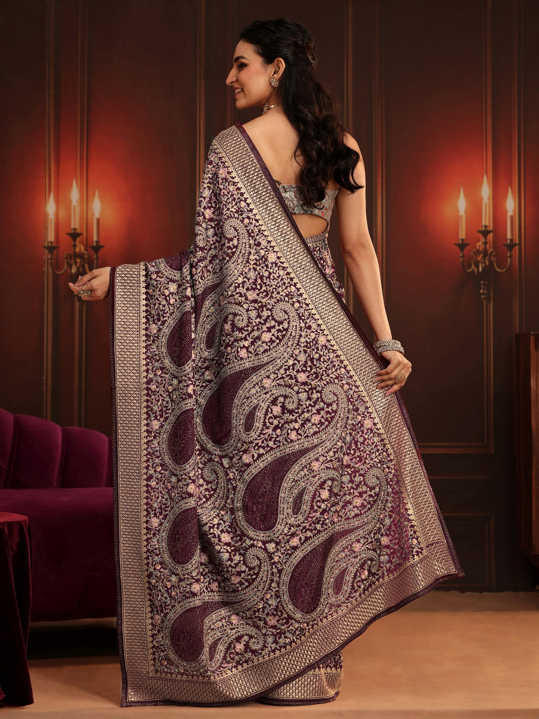 Libas Art Dusty Maroon Paisley Embroidered Georgette Saree