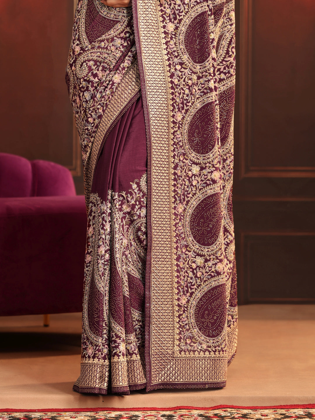 Libas Art Dusty Maroon Paisley Embroidered Georgette Saree