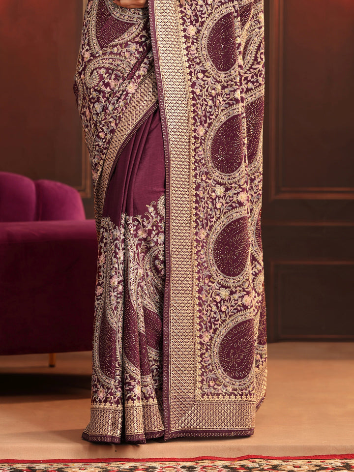 Libas Art Dusty Maroon Paisley Embroidered Georgette Saree