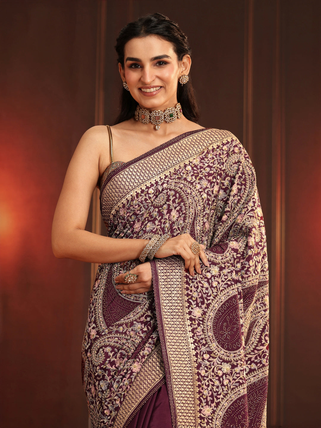 Libas Art Dusty Maroon Paisley Embroidered Georgette Saree