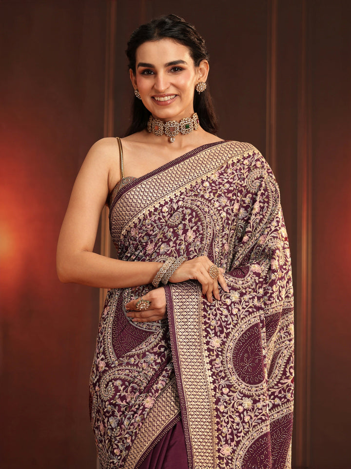 Libas Art Dusty Maroon Paisley Embroidered Georgette Saree