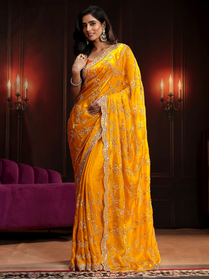 Libas Art Bright Mustard Embellished Tissue Saree