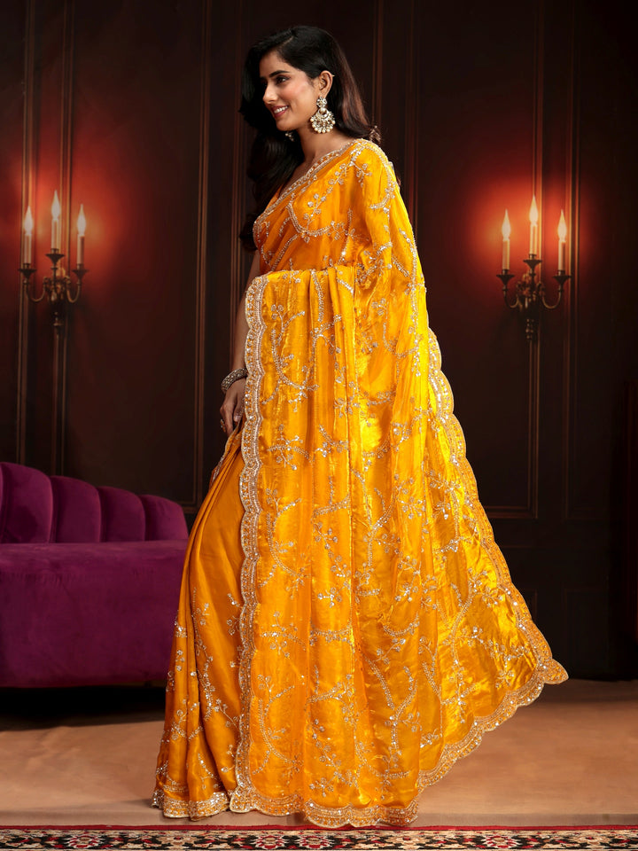Libas Art Bright Mustard Embellished Tissue Saree