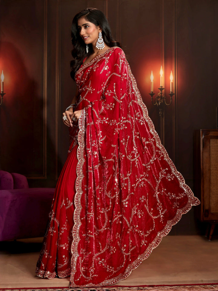 Libas Art Raspberry Pink Embellished Tissue Saree