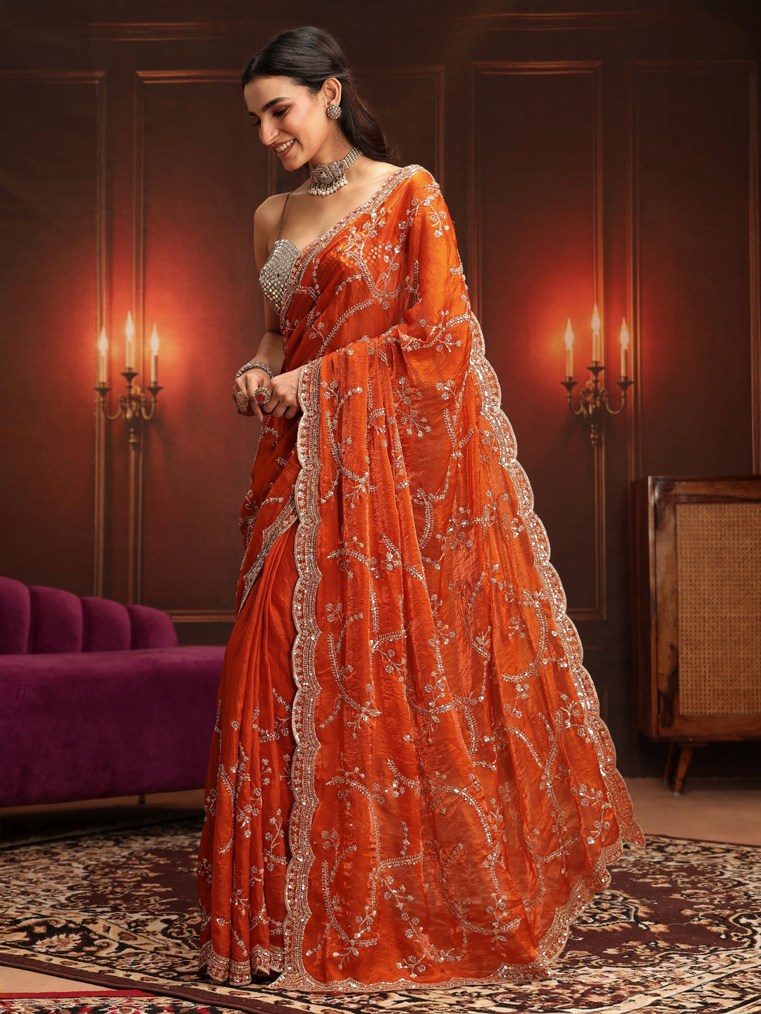 Libas Art Orange Embellished Tissue Saree