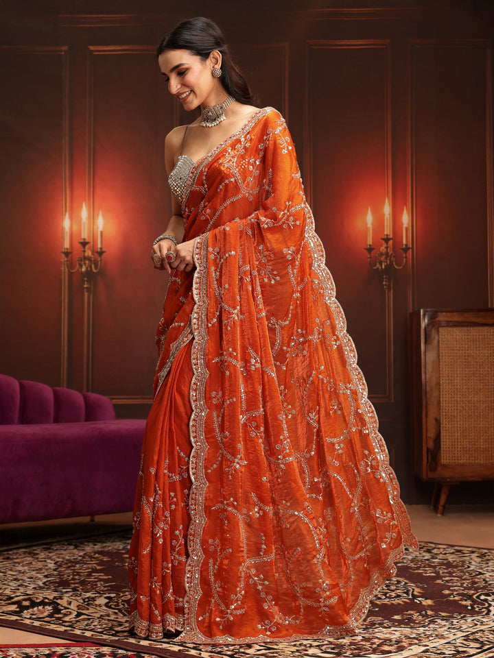 Libas Art Orange Embellished Tissue Saree
