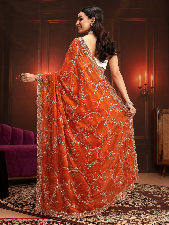 Libas Art Orange Embellished Tissue Saree