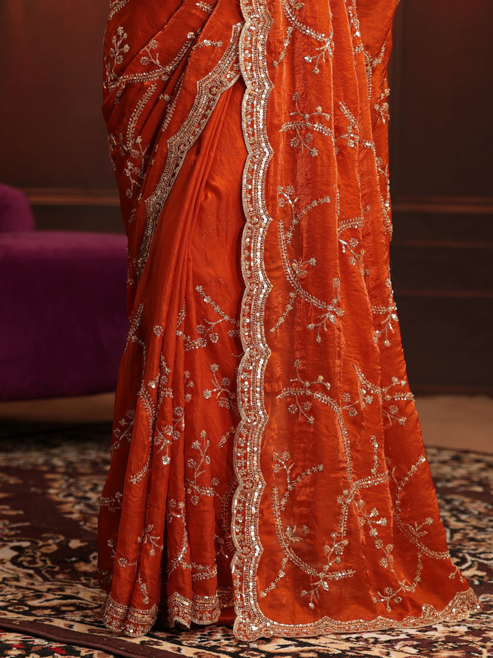 Libas Art Orange Embellished Tissue Saree