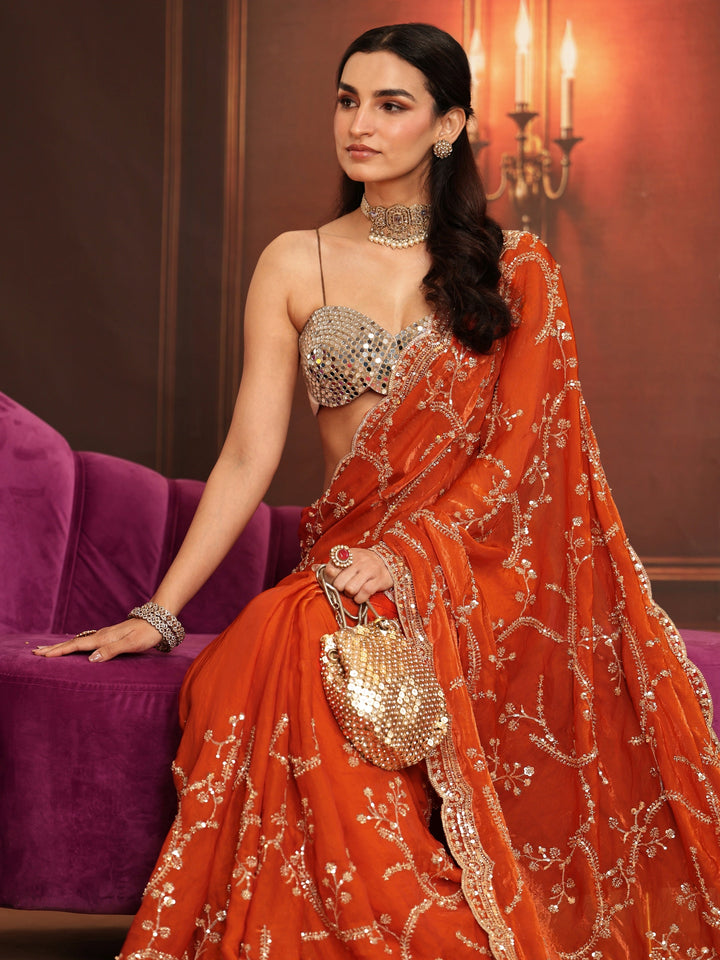 Libas Art Orange Embellished Tissue Saree