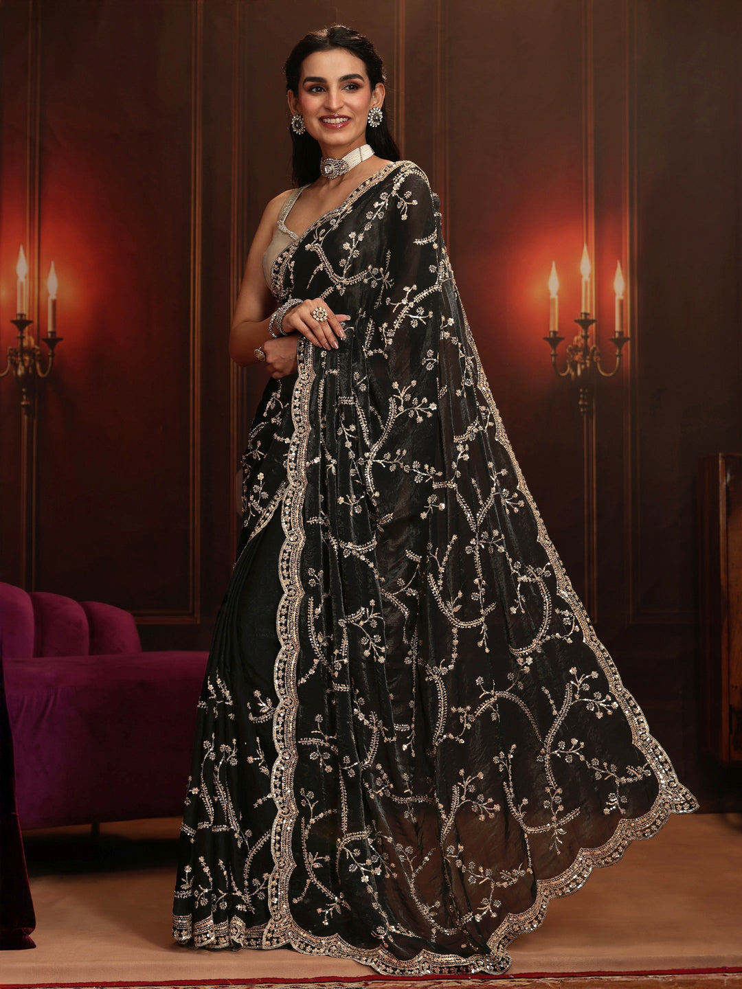 Libas Art Black Embellished Tissue Saree