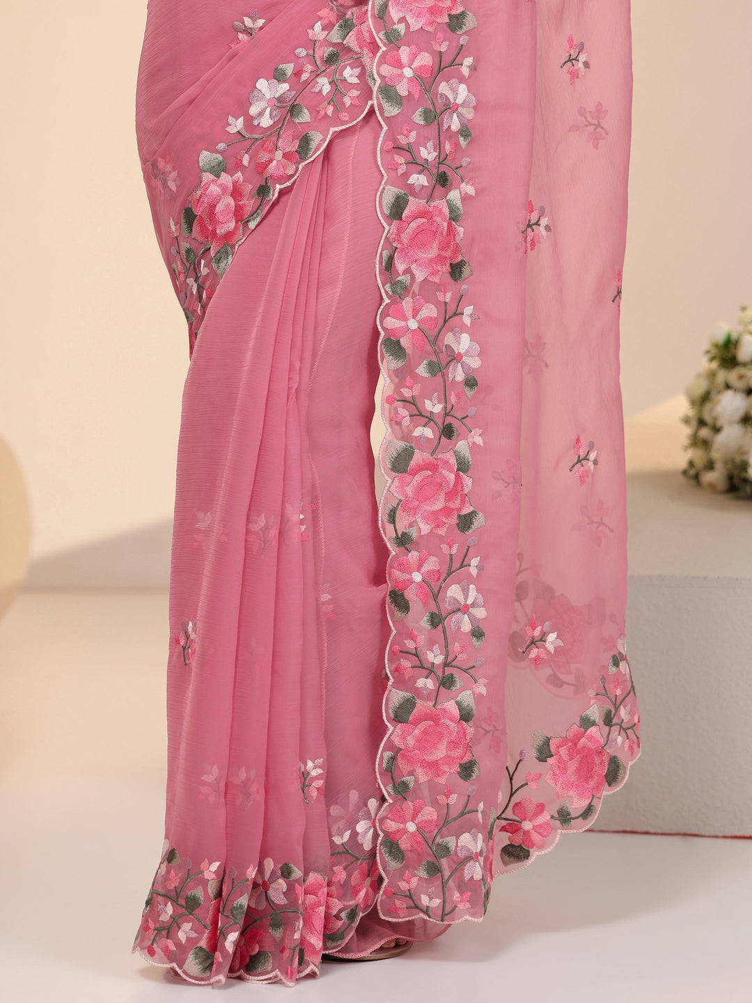 Libas Rose Pink Floral Embroidered Chiffon Saree with Scalloped Border