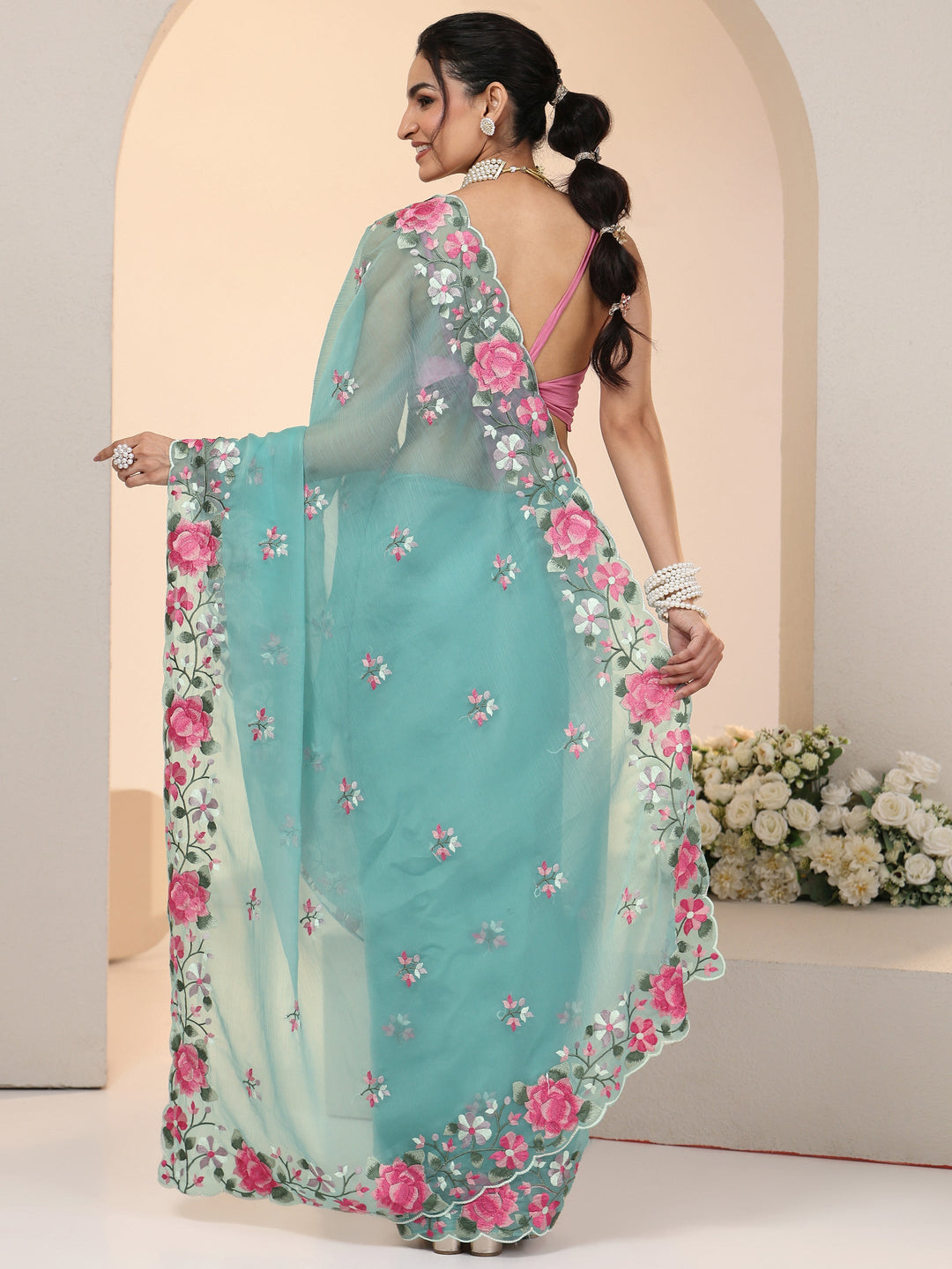 Libas Aqua Blue Floral Embroidered Chiffon Saree with Scalloped Border