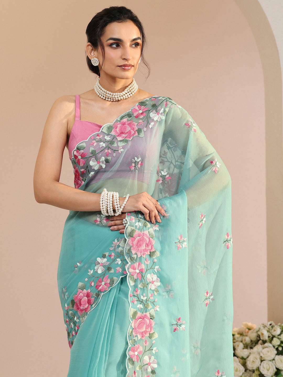 Libas Aqua Blue Floral Embroidered Chiffon Saree with Scalloped Border