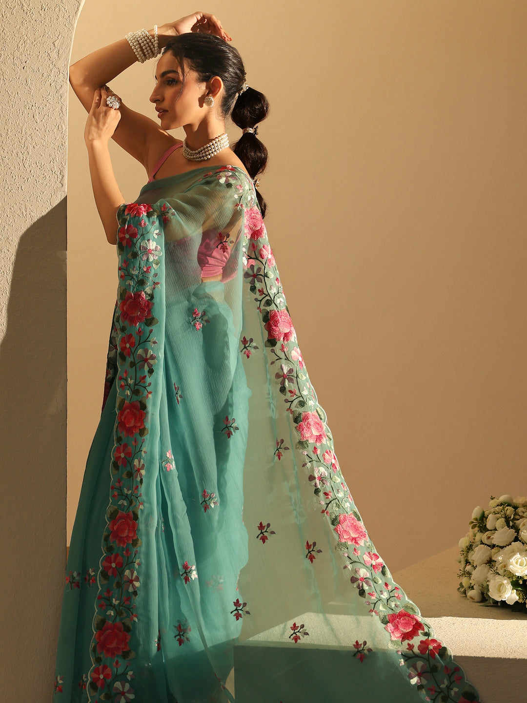 Libas Aqua Blue Floral Embroidered Chiffon Saree with Scalloped Border