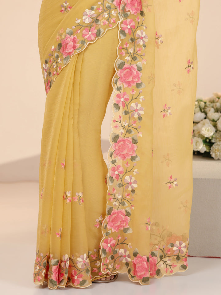 Libas Yellow Floral Embroidered Chiffon Saree with Scalloped Border