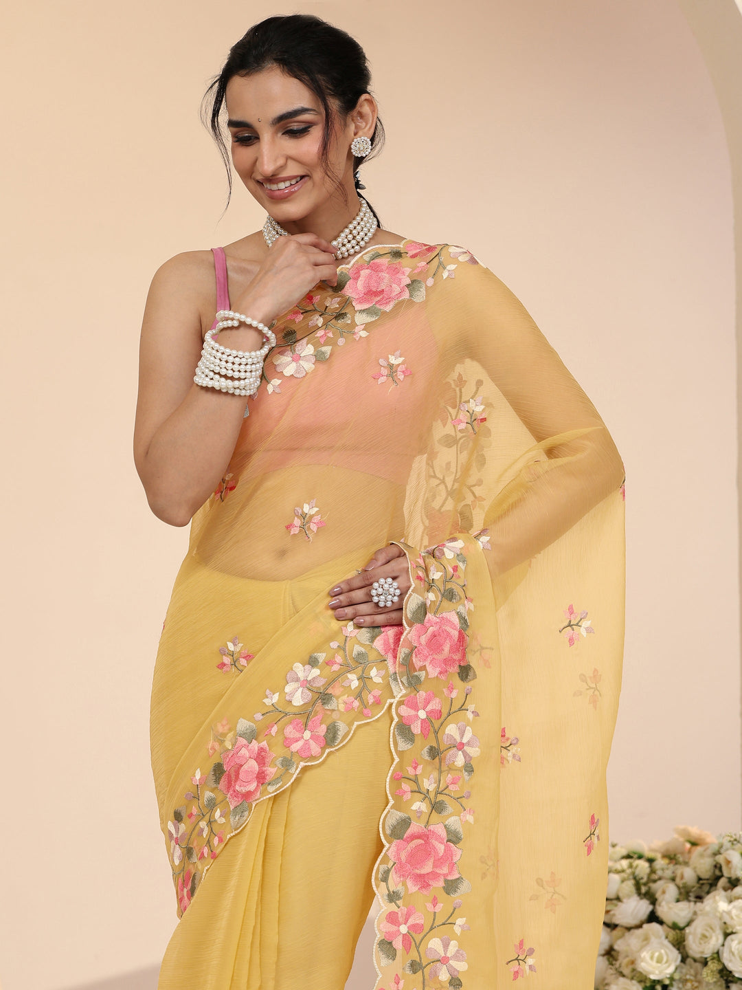 Libas Yellow Floral Embroidered Chiffon Saree with Scalloped Border