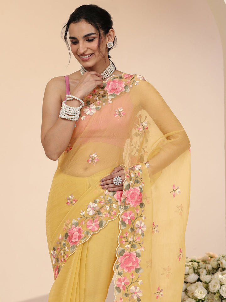Libas Yellow Floral Embroidered Chiffon Saree with Scalloped Border