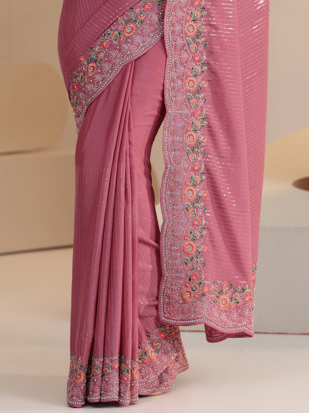 Libas Dusty Rose Pink Sequin Embellished Chiffon Saree with Floral Border