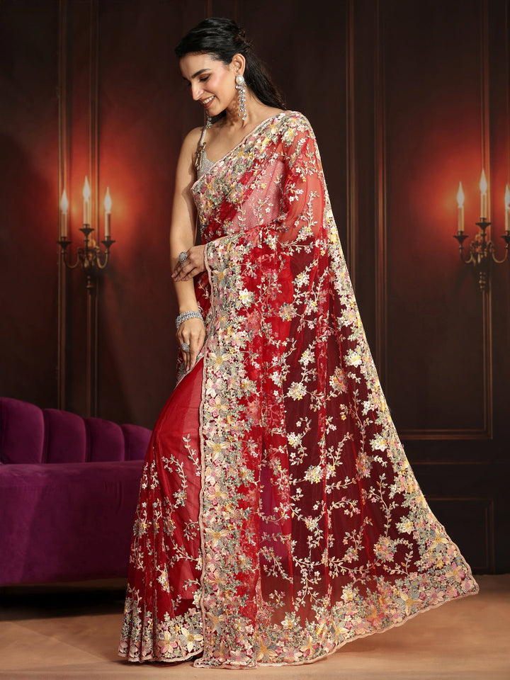 Libas Art Vermilion Red Floral Embroidered Net Saree
