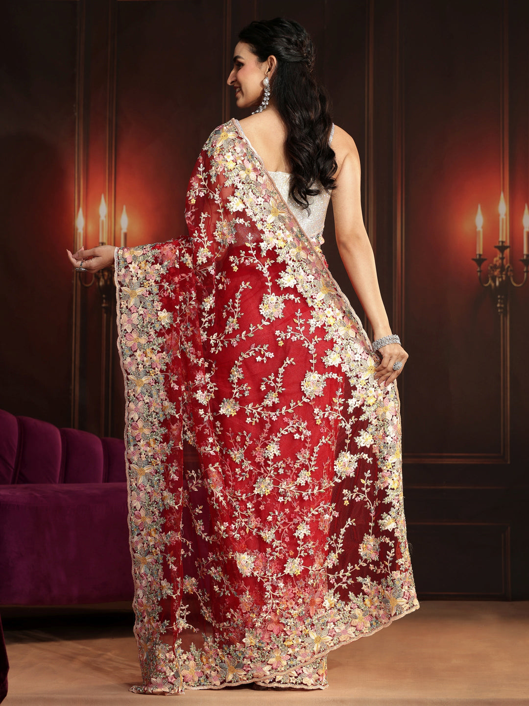 Libas Art Vermilion Red Floral Embroidered Net Saree