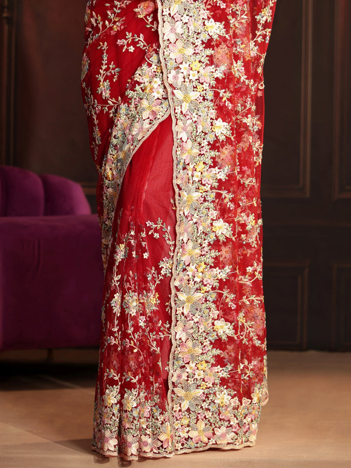 Libas Art Vermilion Red Floral Embroidered Net Saree