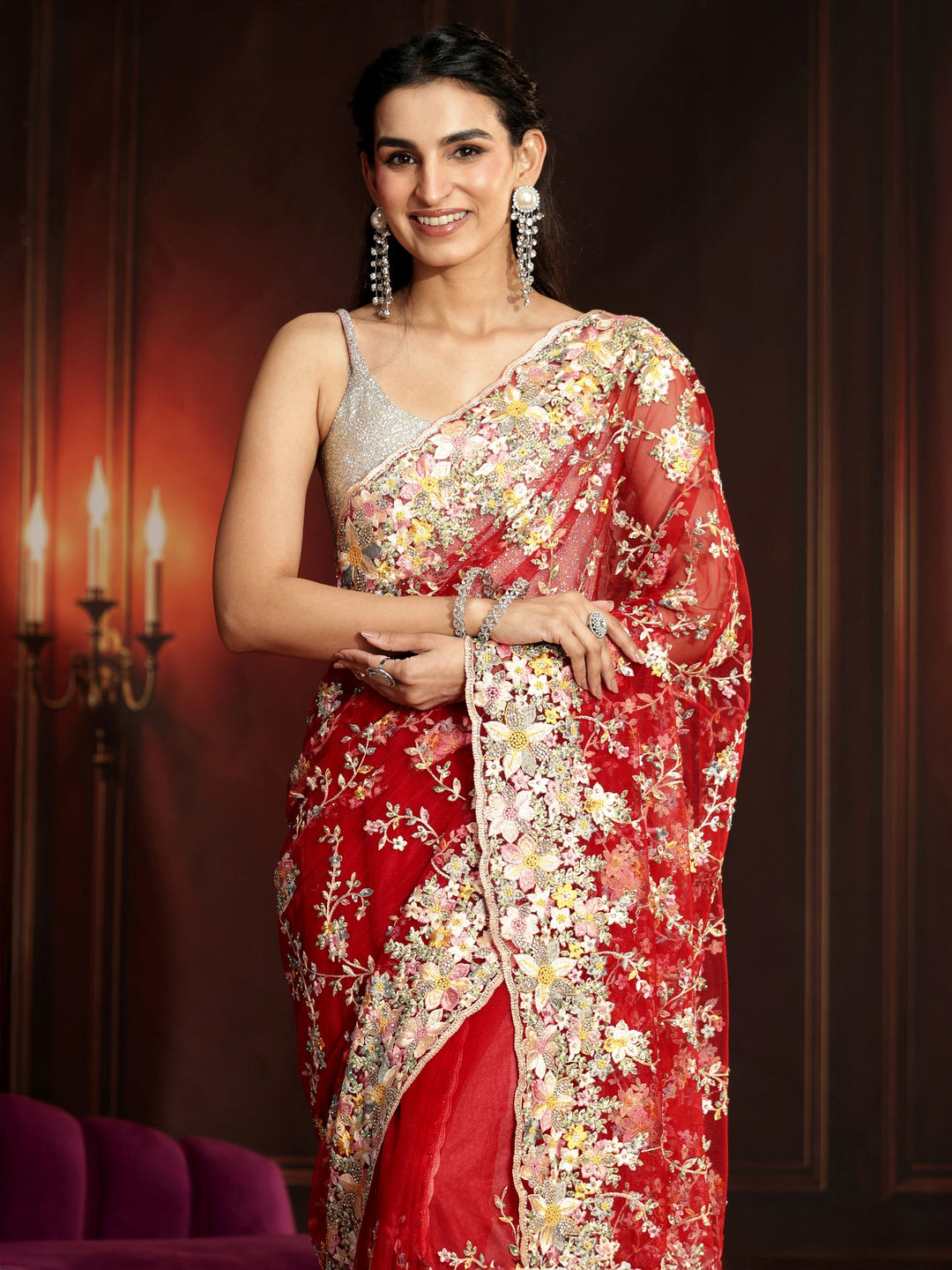 Libas Art Vermilion Red Floral Embroidered Net Saree