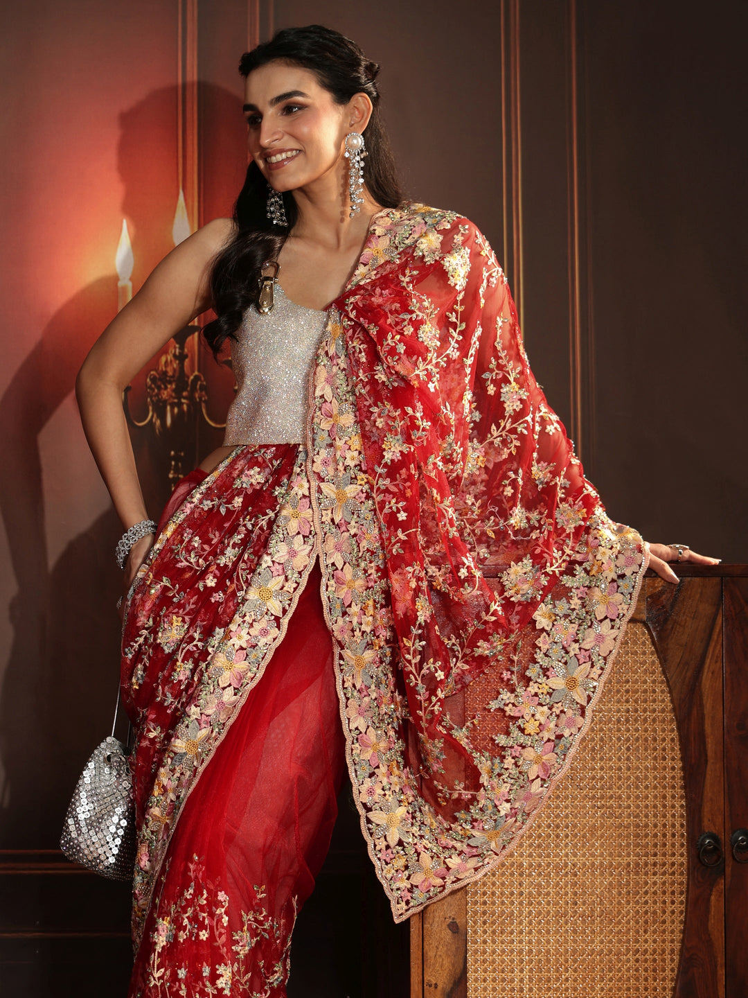 Libas Art Vermilion Red Floral Embroidered Net Saree