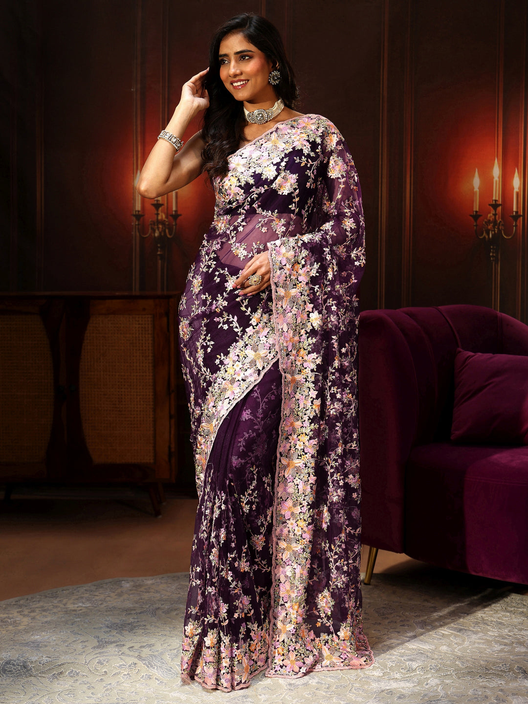 Libas Art Plum Purple Floral Embroidered Net Saree