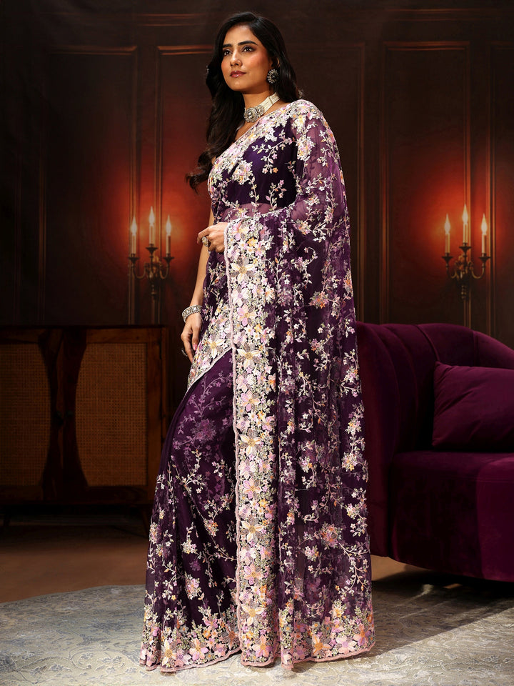 Libas Art Plum Purple Floral Embroidered Net Saree