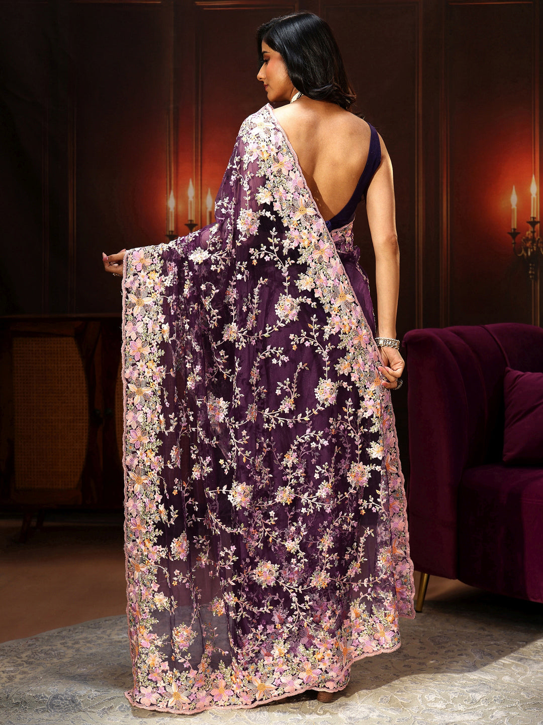 Libas Art Plum Purple Floral Embroidered Net Saree