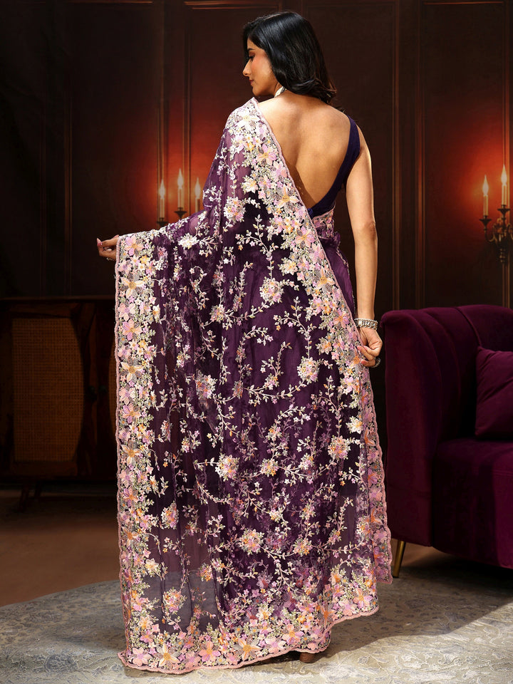 Libas Art Plum Purple Floral Embroidered Net Saree