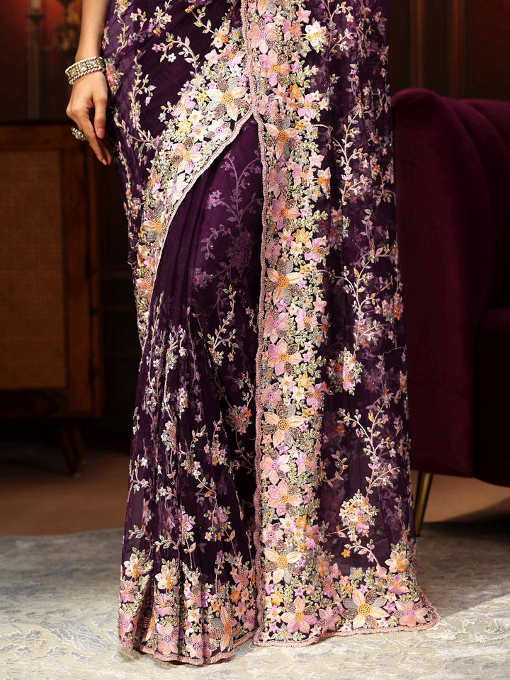 Libas Art Plum Purple Floral Embroidered Net Saree