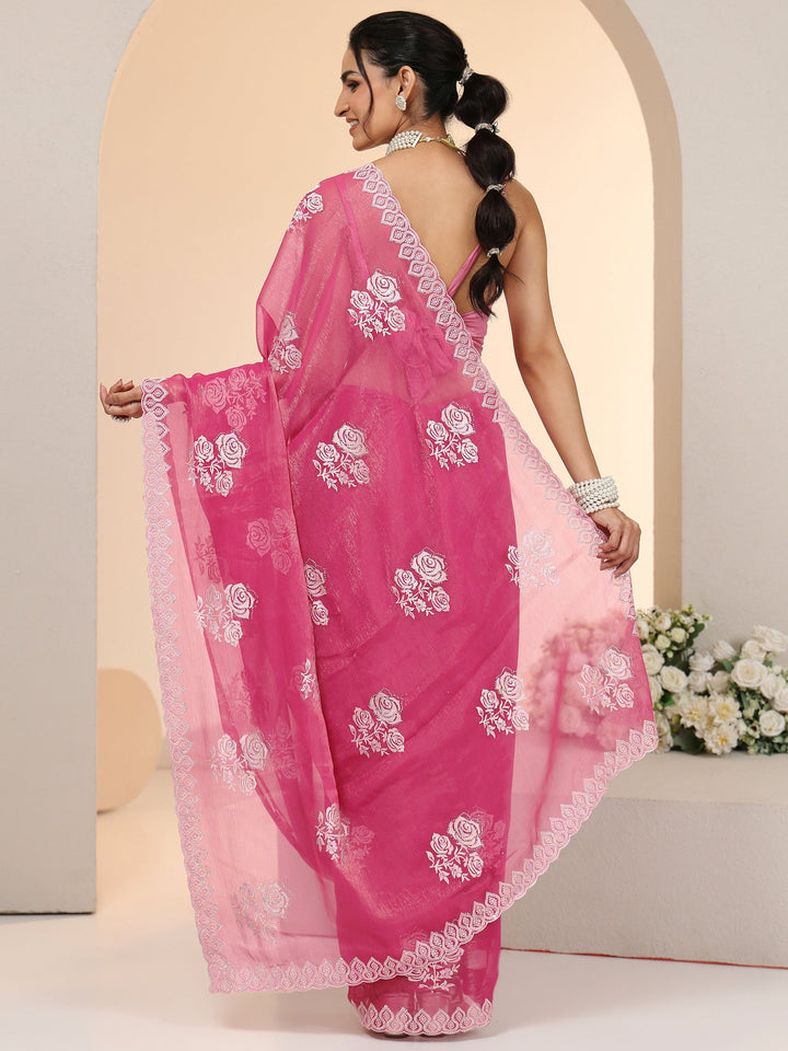 Libas Fuchsia Pink Floral Embroidered Chiffon Saree