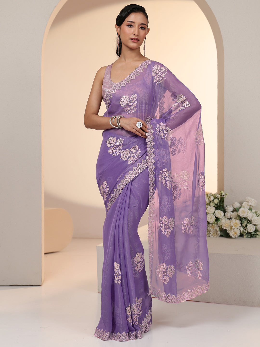 Libas Lavender Floral Embroidered Chiffon Saree