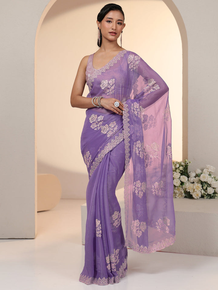 Libas Lavender Floral Embroidered Chiffon Saree