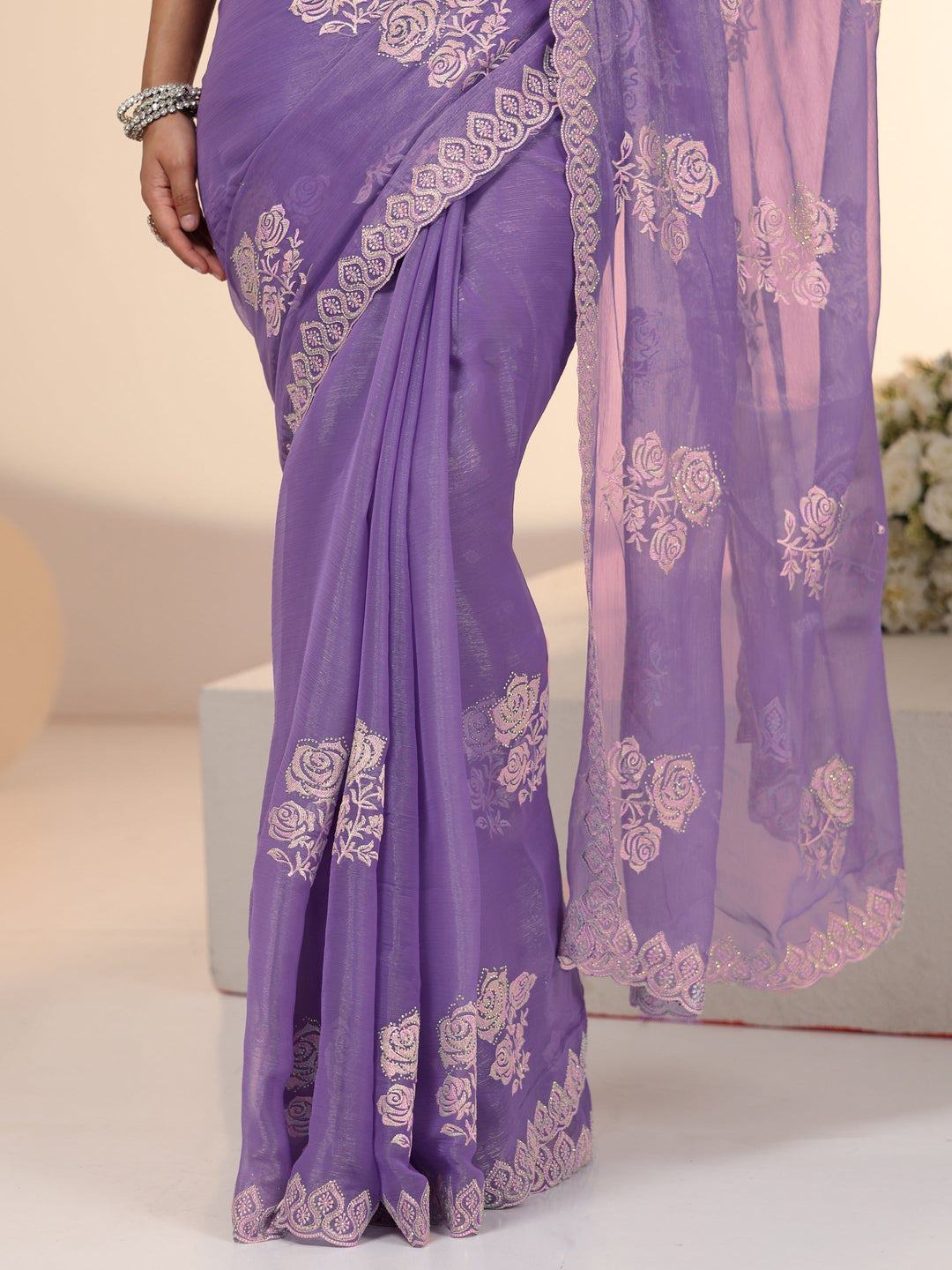 Libas Lavender Floral Embroidered Chiffon Saree