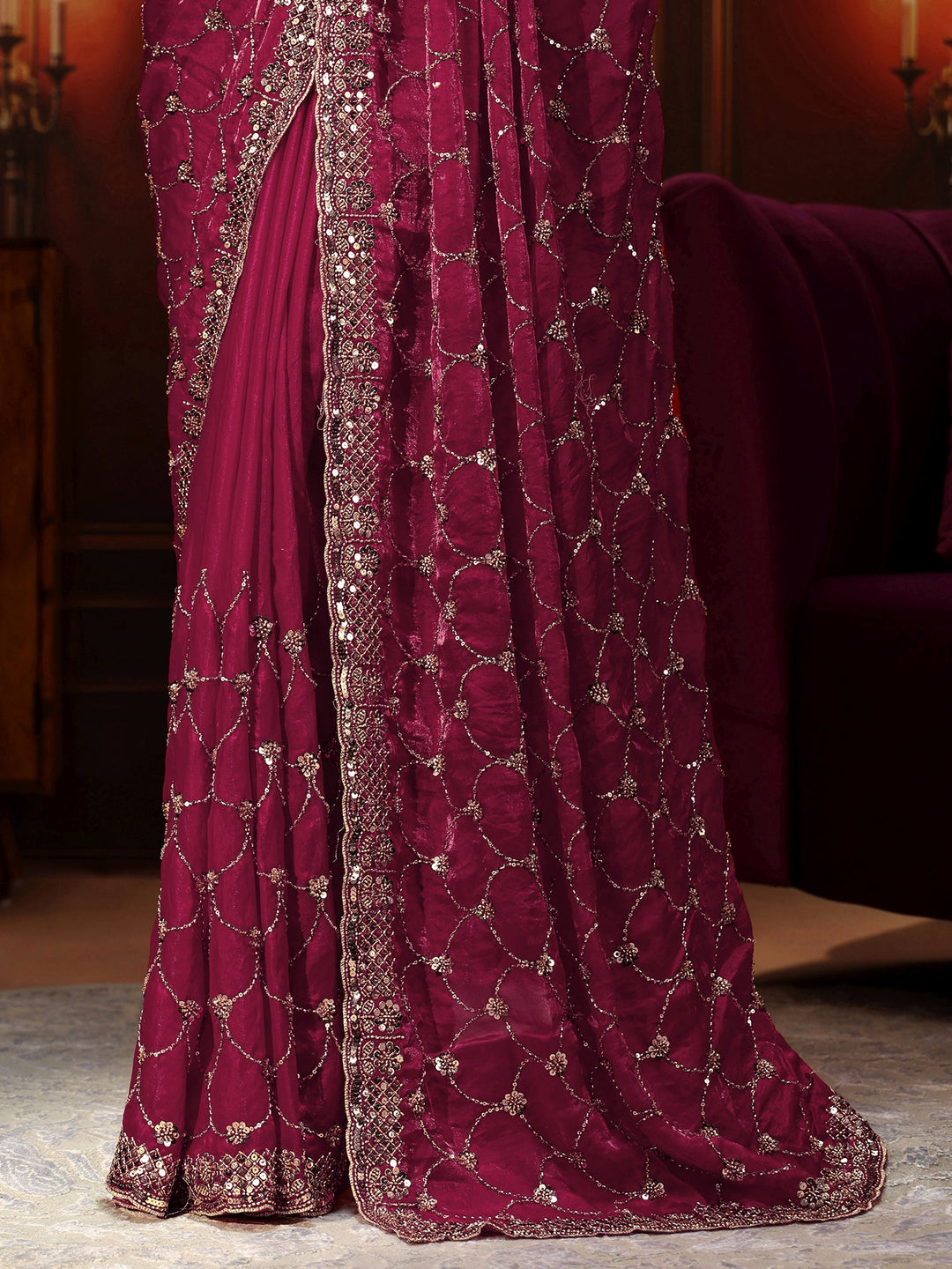 Libas Art Raspberry Pink Embellished Tissue Saree