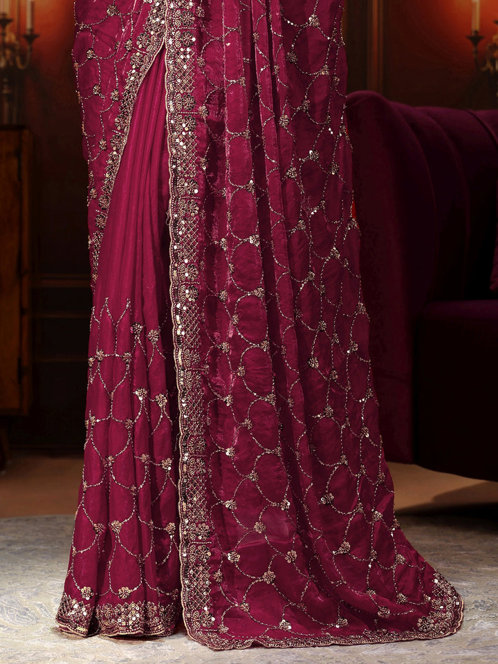 Libas Art Raspberry Pink Embellished Tissue Saree