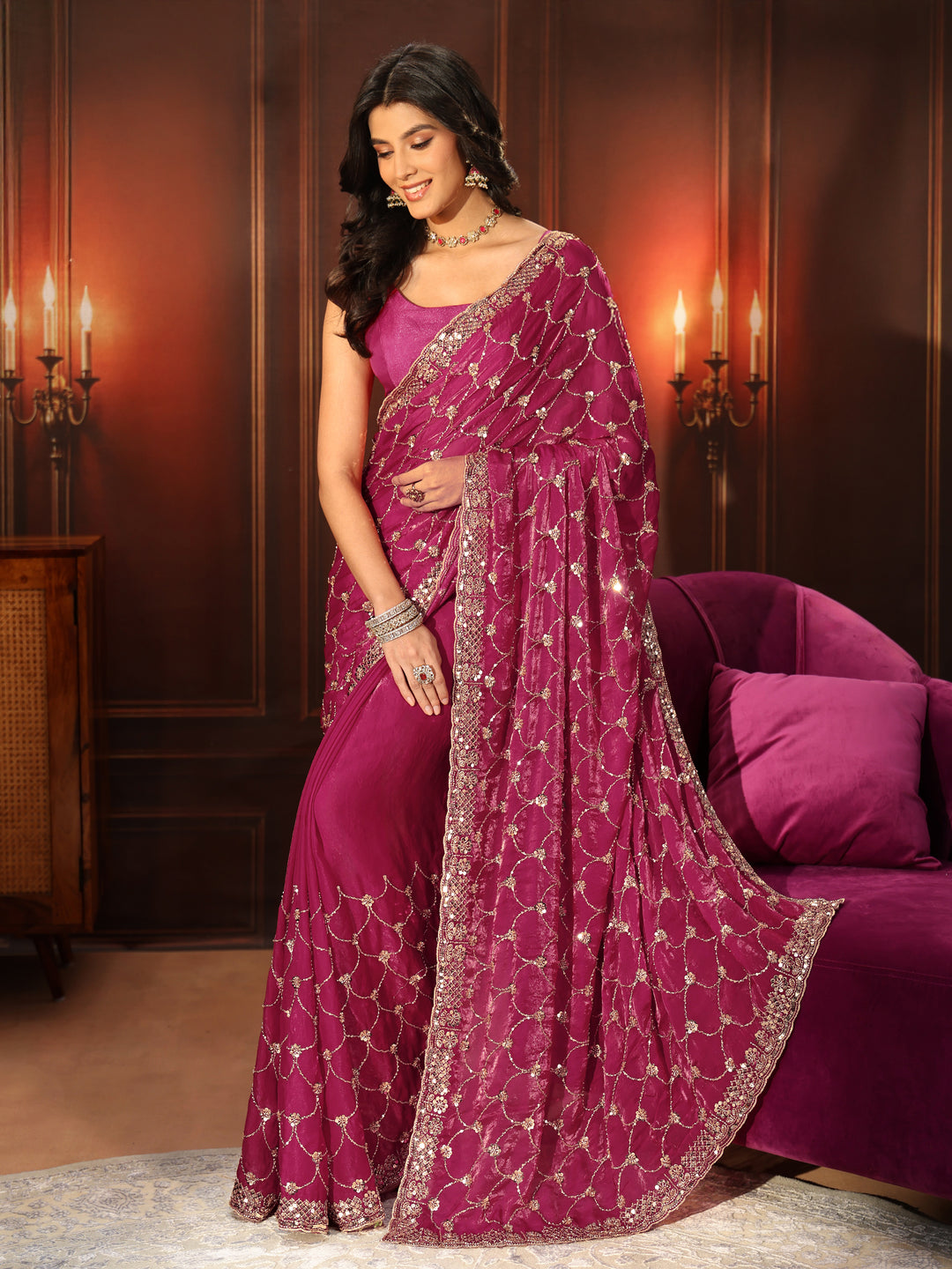 Libas Art Raspberry Pink Embellished Tissue Saree