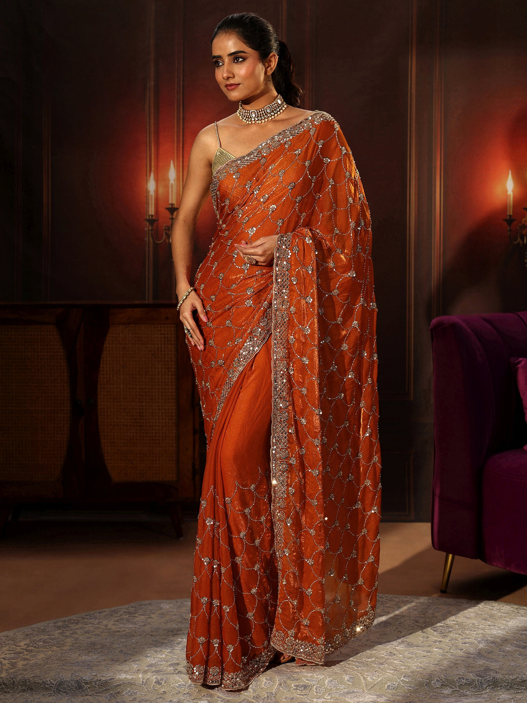 Libas Art Orange Embellished Tissue Saree
