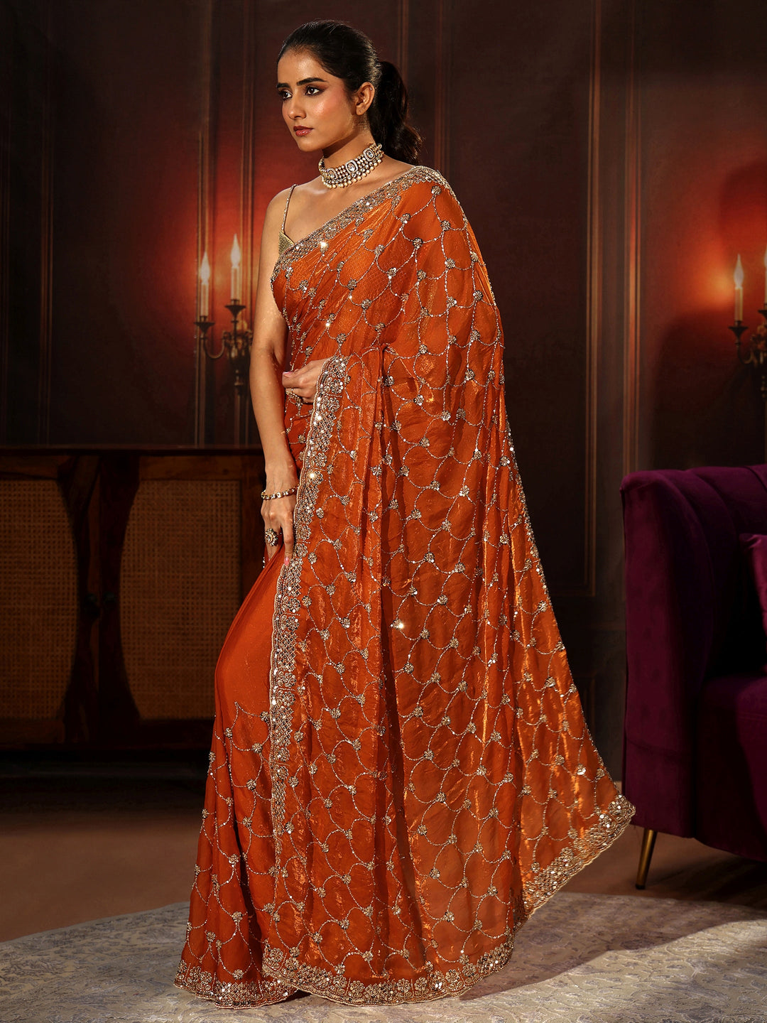 Libas Art Orange Embellished Tissue Saree